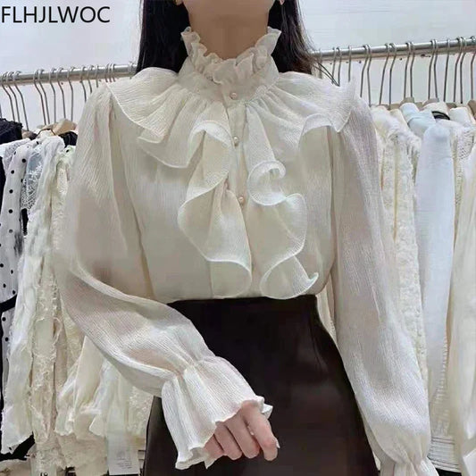 Cralom Ruffled White Long Sleeve Shirt - Elegant Office Lady Blouse