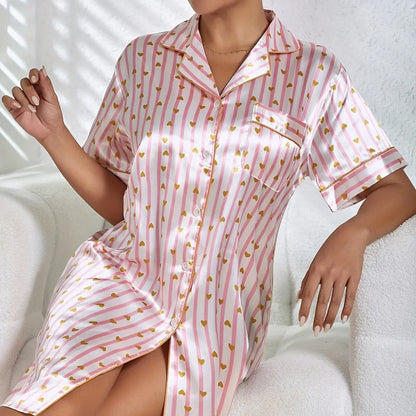 Cralom Satin Stripe Print Nightgown Sleepwear Dress with Button Detail