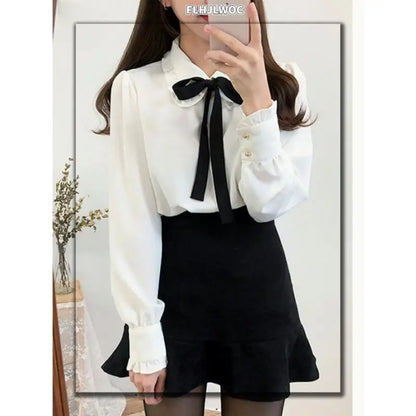 Cute Preppy Style Chiffon Blouse Girls Bow Tie Shirt Peter Pan Collar Top by Cralom