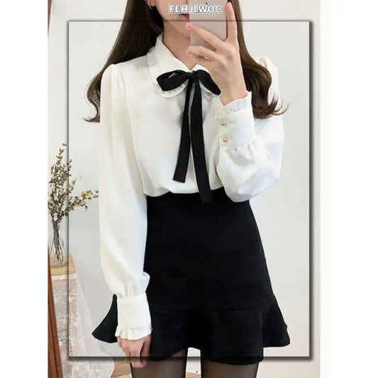 Cute Preppy Style Chiffon Blouse Girls Bow Tie Shirt Peter Pan Collar Top by Cralom