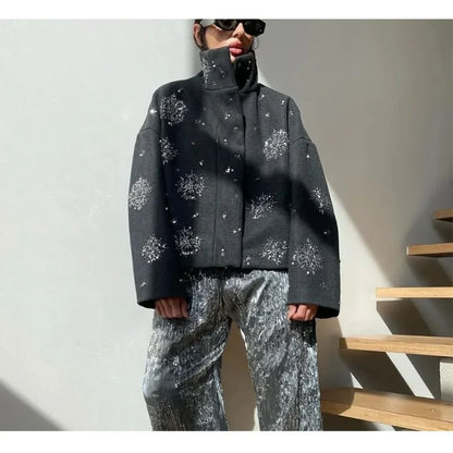 Cralom Diamonds Loose Jacket Stand Neck Patchwork Coat