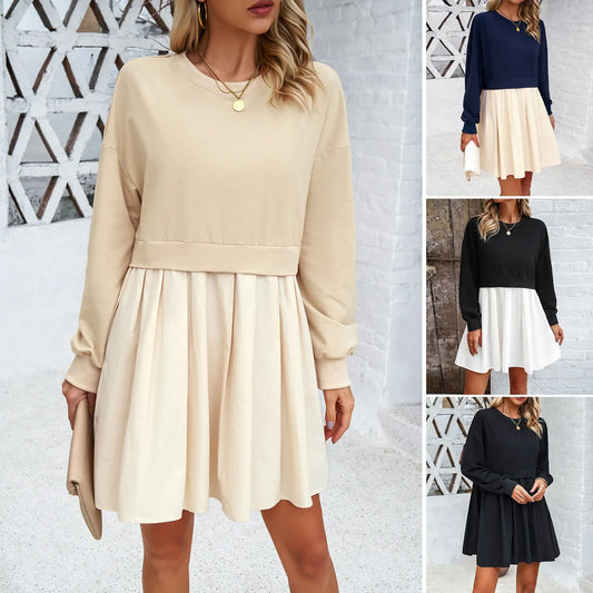 Cralom Long Sleeve Round Neck Patchwork Dress for Spring/Summer