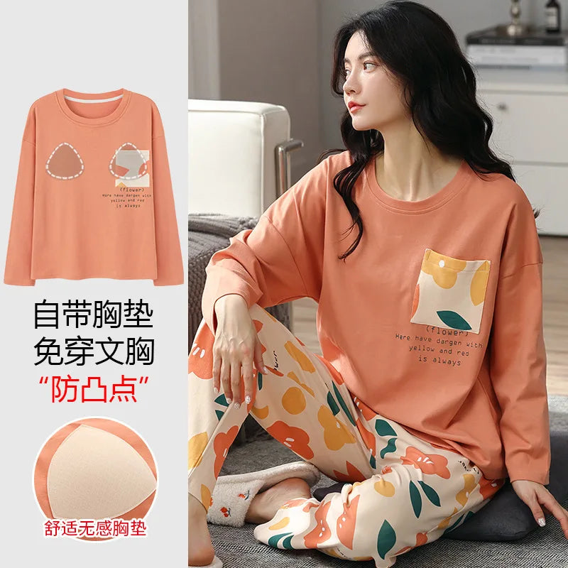 Cralom Cotton Pajama Set with Chest Pads, Long-sleeved Soft Sleepwear for Women