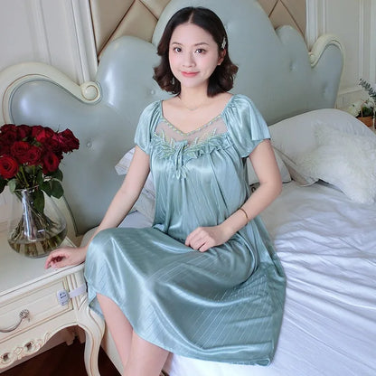 Cralom Women's Silk Nightgown: Medium Length Short Sleeve Nightdress Sleepwear Pyjama Loungewear