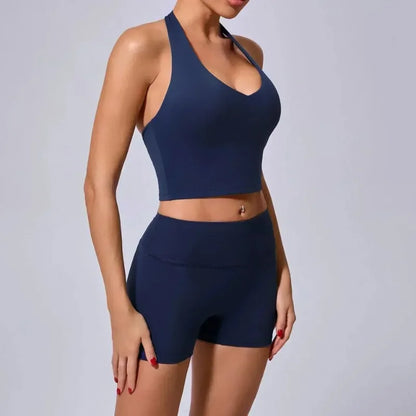 Cralom High Waist Yoga Shorts & Backless Bra Set for Women, Gym Workout Fitness Outfit