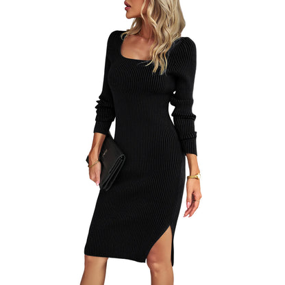 Cralom Long Sleeve Square Neck Woolen Dress for Autumn/Winter 2024