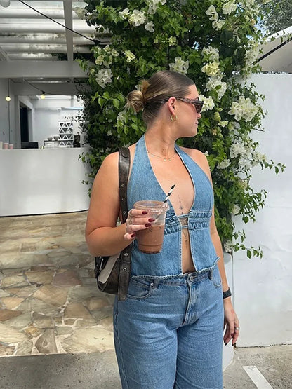 Cralom Lace-Up Denim Halter Vest for Women Summer 2025