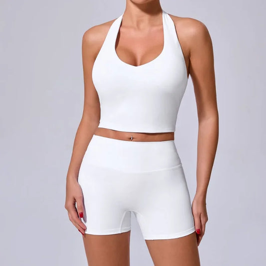 Cralom High Waist Yoga Shorts & Backless Bra Set for Women, Gym Workout Fitness Outfit
