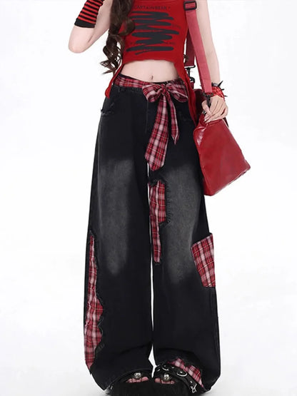 Cralom American Style Wide Leg Bow Jeans - High Waist Hottie Baggy Straight