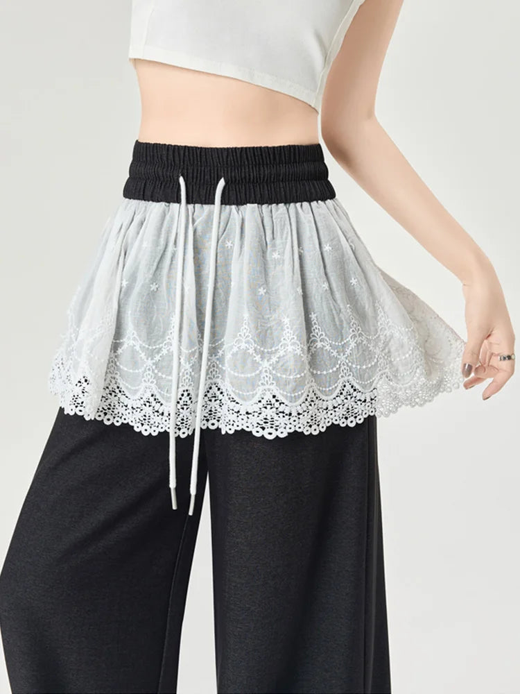 Cralom Lace Spliced Capris Loose Lace-Up Pants 2025 Spring-Summer Streetwear Fashion