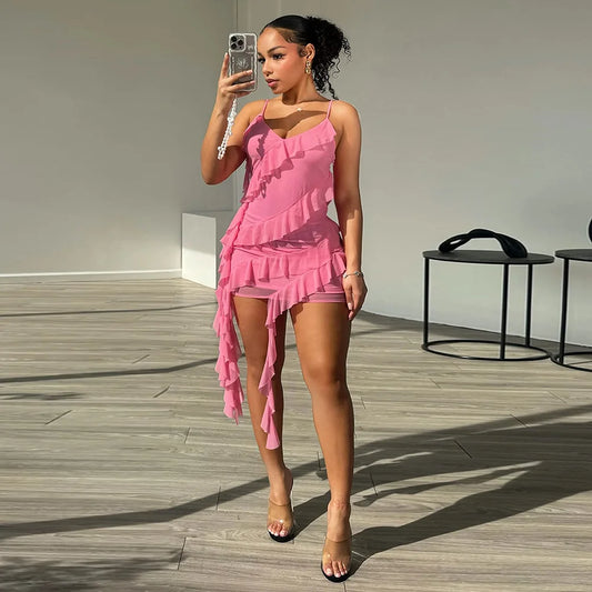 Cralom Summer Strap Ruffle Edge Dress - Women's Slimming Fit