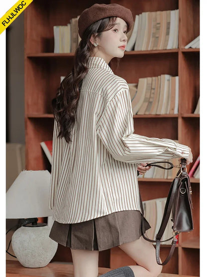 Cralom Cotton Stripe Shirt 2024: Autumn Chic Office Lady Retro Button Boyfriend Shirt