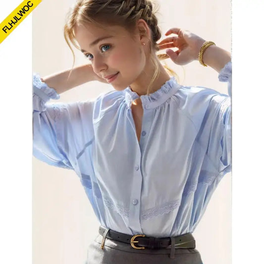 Cralom White Ruffles Lace Stand Collar Blouse Women Preppy Style Basic Shirt