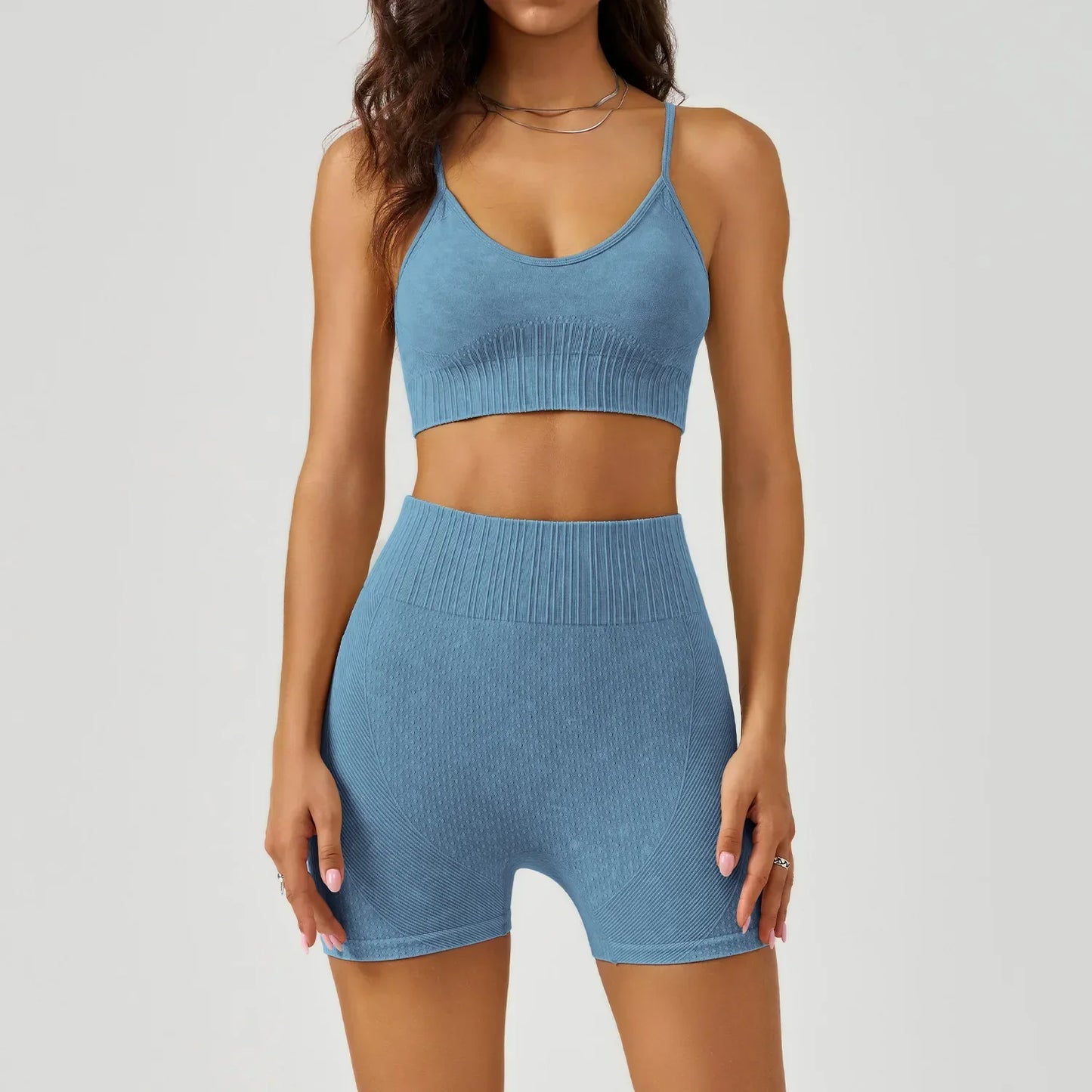 Cralom Sand Washed Seamless Yoga Set: Sports Bra & High Waist Gym Shorts