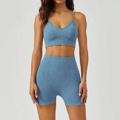 Cralom Sand Washed Seamless Yoga Set: Sports Bra & High Waist Gym Shorts