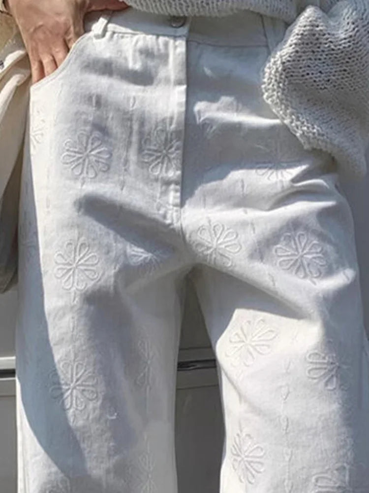 Cralom White Embroidery Hollow Out Wide Leg Jeans