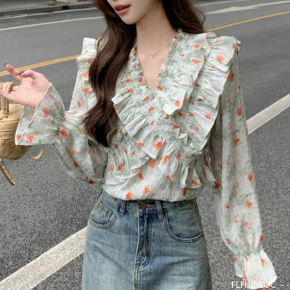 Cralom Floral Print Ruffles Top for Women - Retro Vintage Style