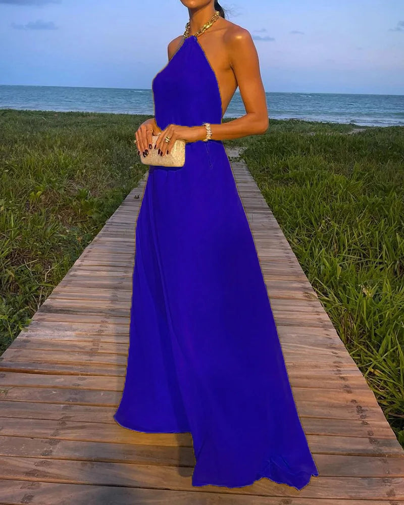 Cralom Solid Color Hanging Neck Long Dress