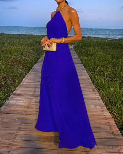 Cralom Solid Color Hanging Neck Long Dress