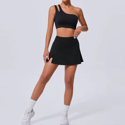 Cralom Women's Yoga Bra Set & Tennis Skirt with Pockets Anti-expose