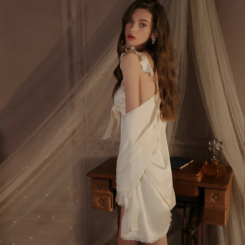Cralom Lace Trim Satin Nightgown Set women Silk Pajamas Slip Dress Nightwear