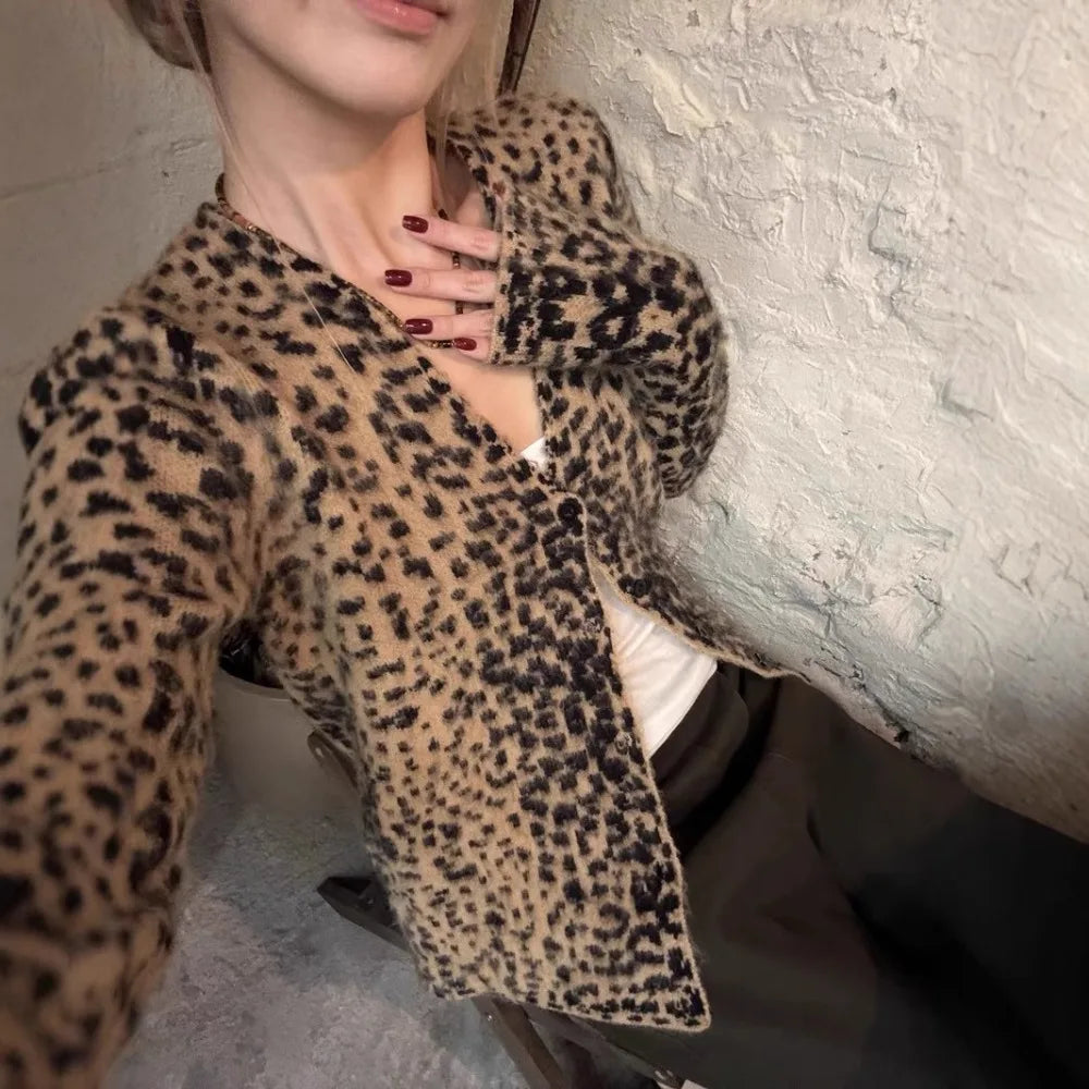 Cralom Leopard Print V Neck Cardigan Slim Fit Long Sleeve Coat Women's Fashion