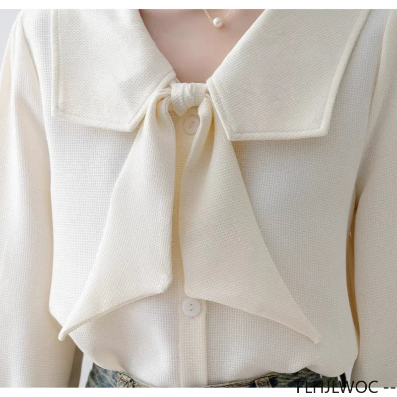 Cralom Sweet Ribbon Button Bow Tie Top for Women - Elegant Korean Style Blouse