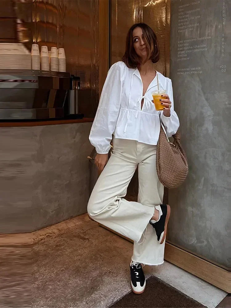 Cralom Lace-Up Long Sleeve Blouse - Elegant Solid Color Office Shirt Top