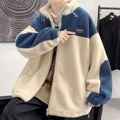 Cralom Men's Y2K Fashion Lamb Coat Plus Velvet Padded Leisure Jacket
