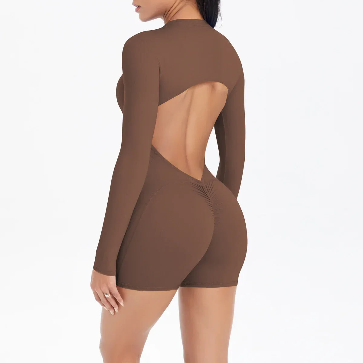 Cralom Seamless Yoga Bodysuit with Cut-Out Back, Half Zip & Peach Booty Lift