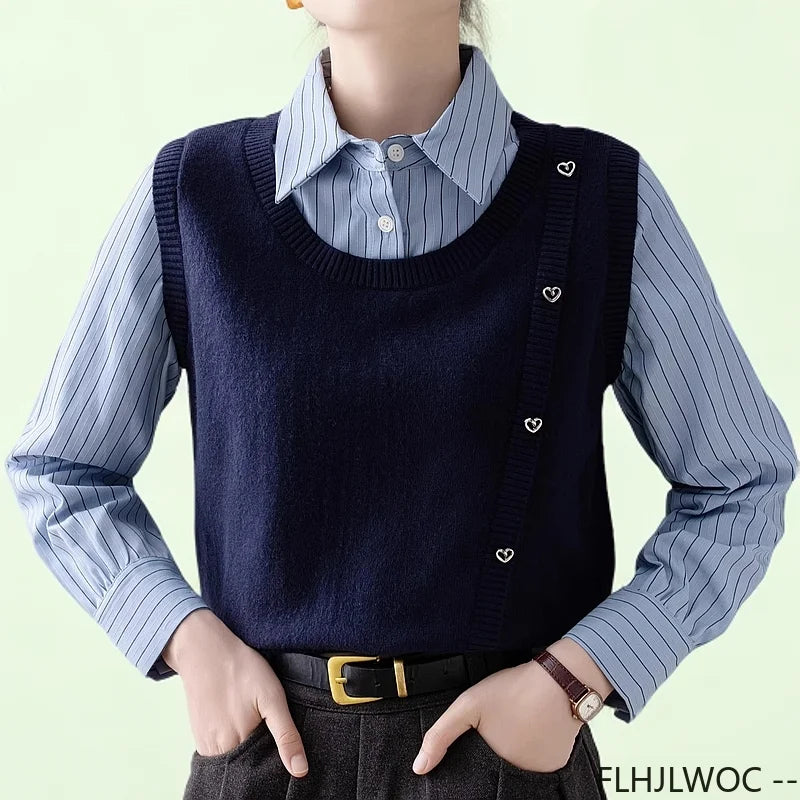 Cralom Patchwork Striped Knit Sweater Office Blouse: Preppy Style Fashion for Women