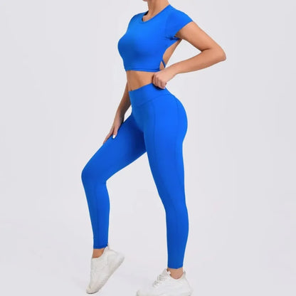 Cralom Cross Back Sports Bra Set - High Waist Leggings Gym Outfit
