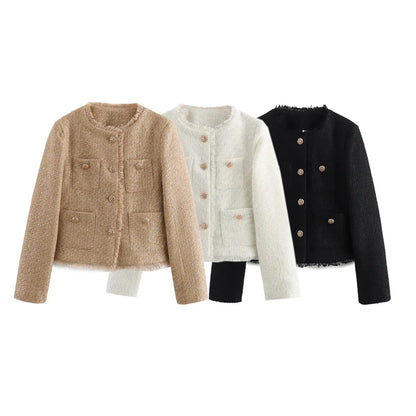 Cralom Solid Spliced Button Short Coat O Neck Long Sleeve Minimalist Women's Fashion