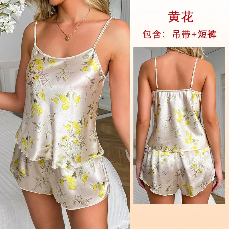 Cralom Women's Printed Silk Pajama Set