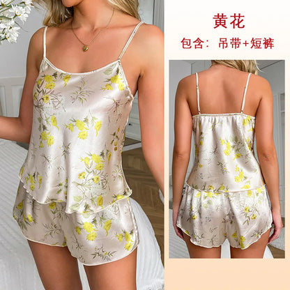 Cralom Women's Printed Silk Pajama Set