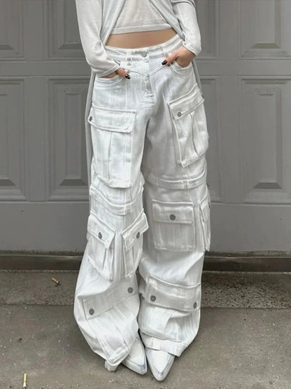 Cralom Streetwear Vintage Cargo Jeans High Waist Wide Leg Pants