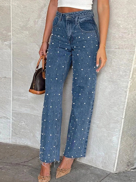 Cralom Beaded Vintage Washed Blue Jeans - High Waist Loose Straight Pant