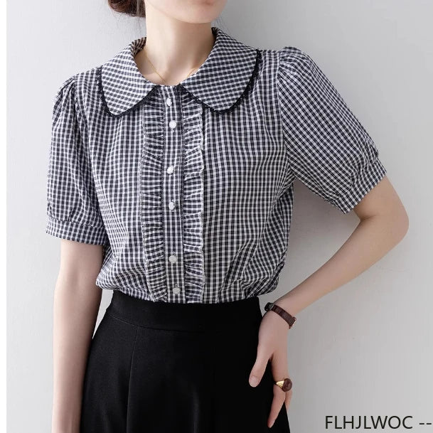 Cralom 2025 Summer Peter Pan Collar Plaid Top Retro Vintage Ruffles Button Blouse