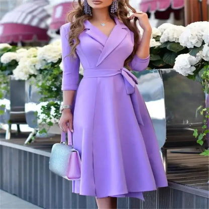 Cralom V-Neck Printed Long Sleeve Dress with Waist Cinching