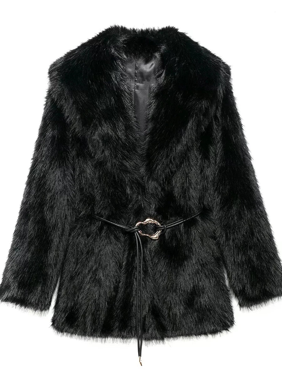 Cralom Loose Spliced Belt Jacket for Women - Fashionable Mao Mao Style