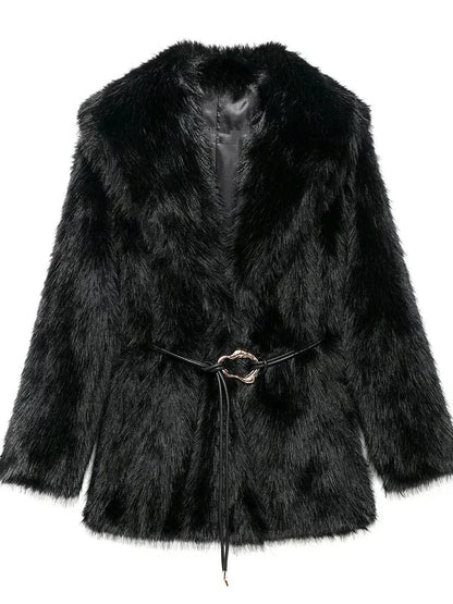 Cralom Loose Spliced Belt Jacket for Women - Fashionable Mao Mao Style