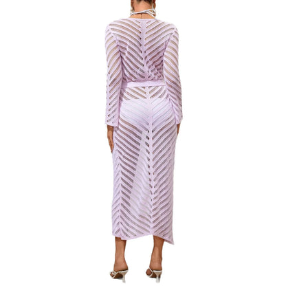 Cralom Mesh Hollow Chest Wrap Long Sleeve Top Dress - Summer 2025