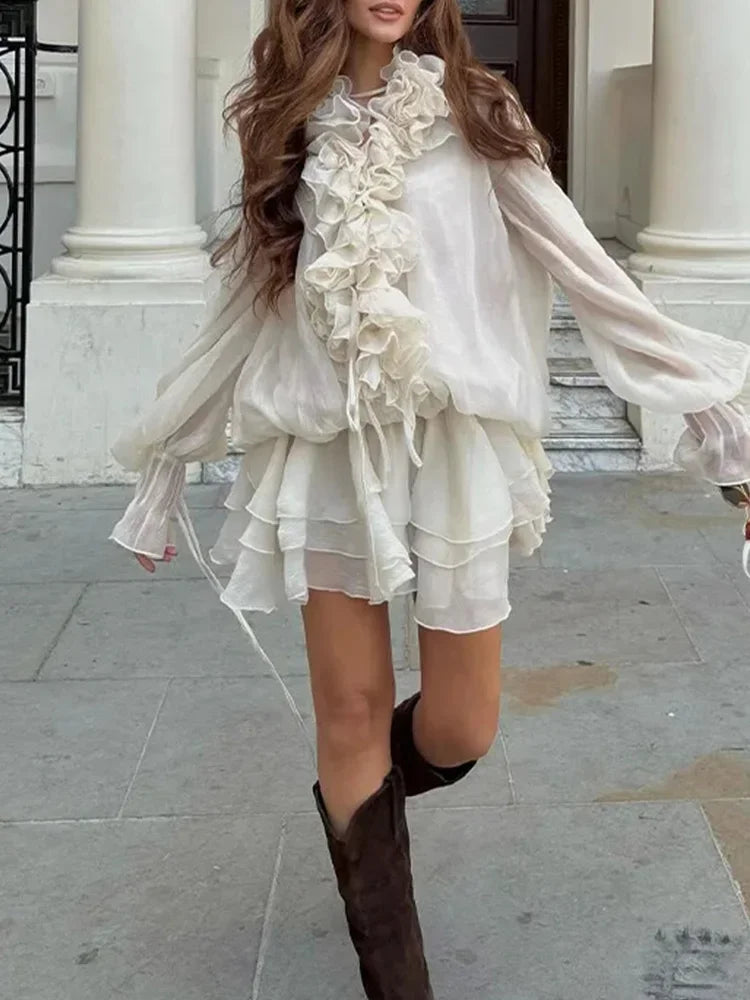 Cralom Summer Lady Suit: 3D Flower Cascading Ruffle V-Neck Shirt with Elastic Waist Shorts
