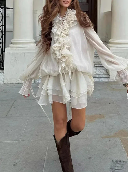 Cralom Summer Lady Suit: 3D Flower Cascading Ruffle V-Neck Shirt with Elastic Waist Shorts
