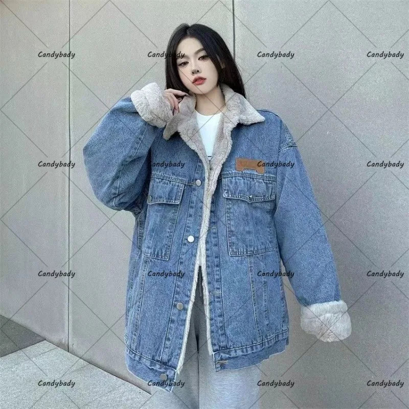 Cralom Lamb Wool Denim Jacket: Street Fashion Thickening, Trendy & Casual, Unisex Fit