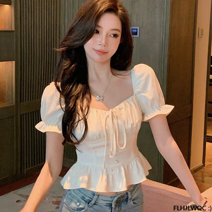 Cralom Off Shoulder Crop Tops: 2023 Summer Bow Tie Slim Waist Blouse