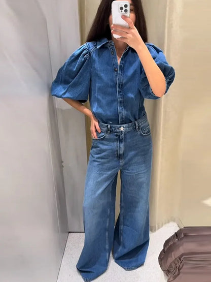 Cralom Denim Puff Sleeve Blouse - Blue Y2K Washed Casual Jacket