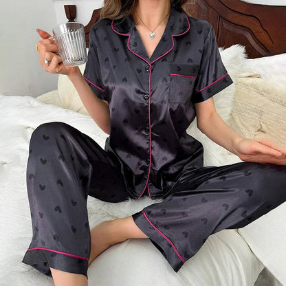 Cralom Satin Pajama Set: Short Sleeve Top & Long Pants Sleepwear