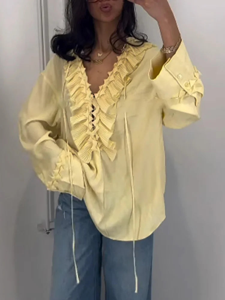 Cralom Ruffled Chiffon Shirt Casual V-Neck Blouse Women's Streetwear Tops