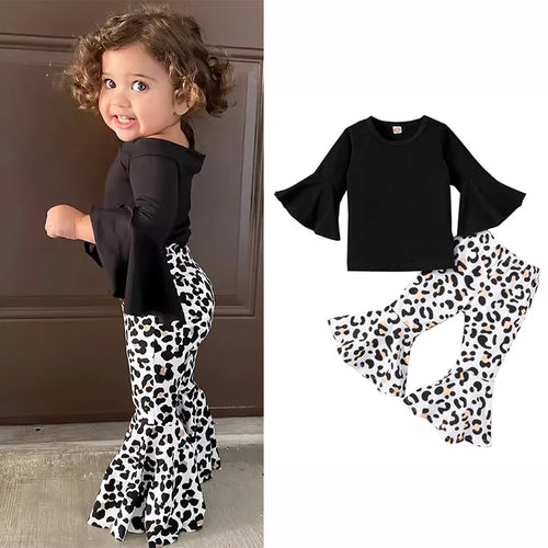 Cralom Baby Girl Black Top + Leopard Print Bell-Bottoms Set for 2-8 Years